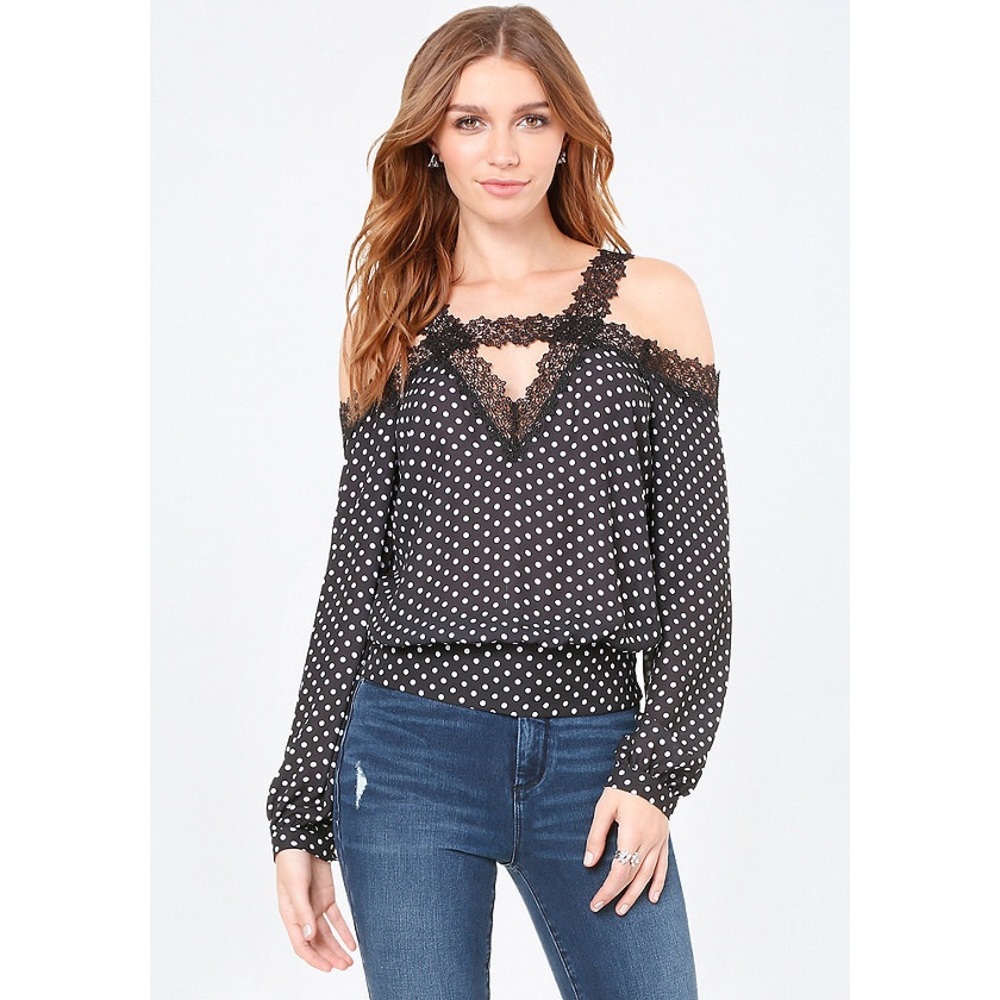Bebe Polka Dot Print & Lace Shoulder Top